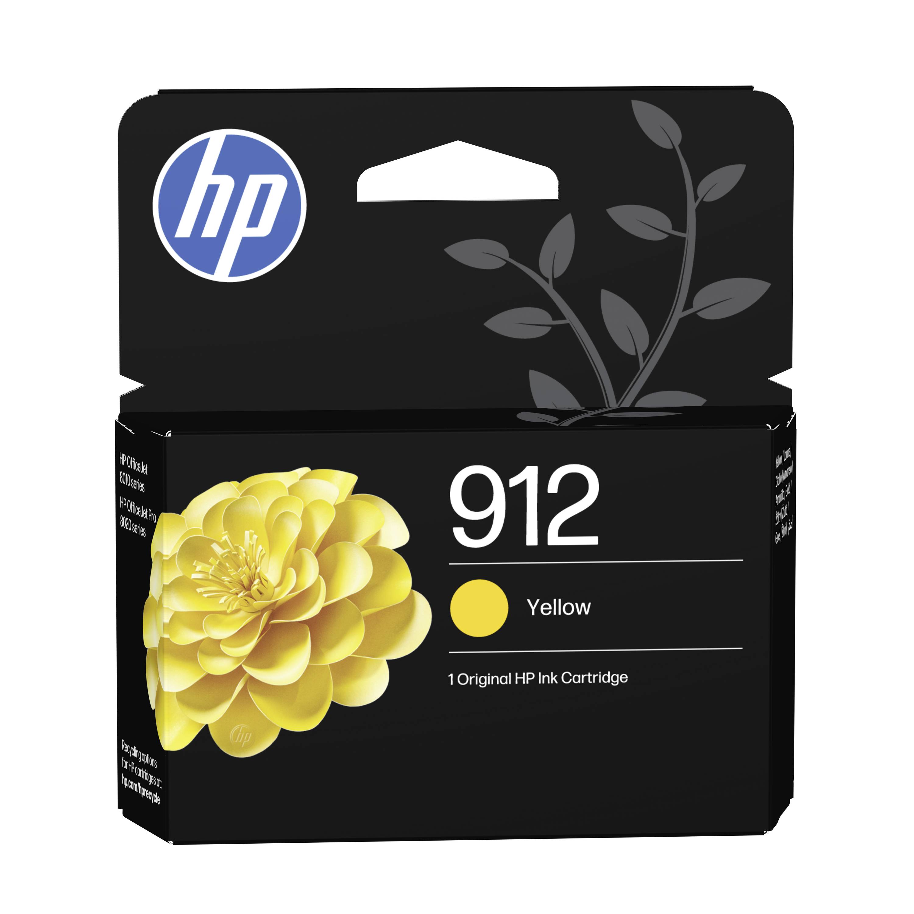 HP 912 gelbe Original-Tintenpatrone mit HP-Logo und Blumengrafik auf schwarzer Schachtel.