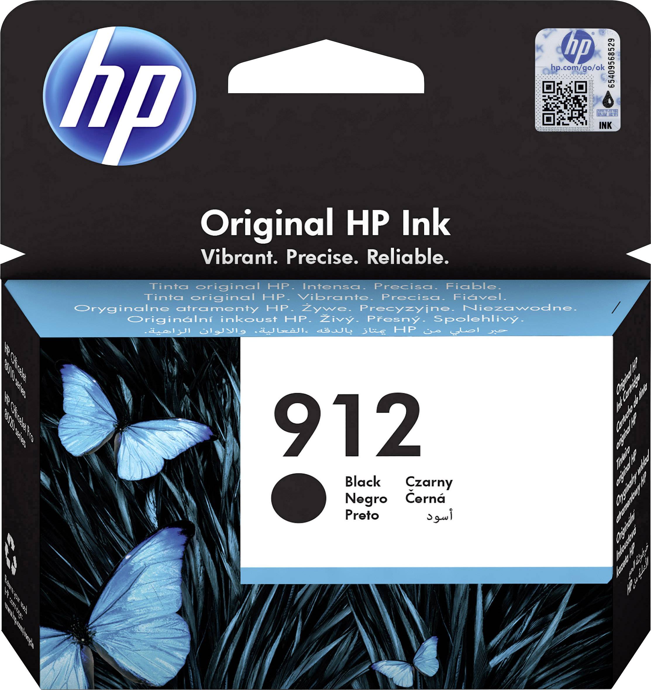 Druckerpatrone HP 912, schwarze Tinte, Verpackung zeigt blaue Schmetterlinge auf einem dunklen Hintergrund.