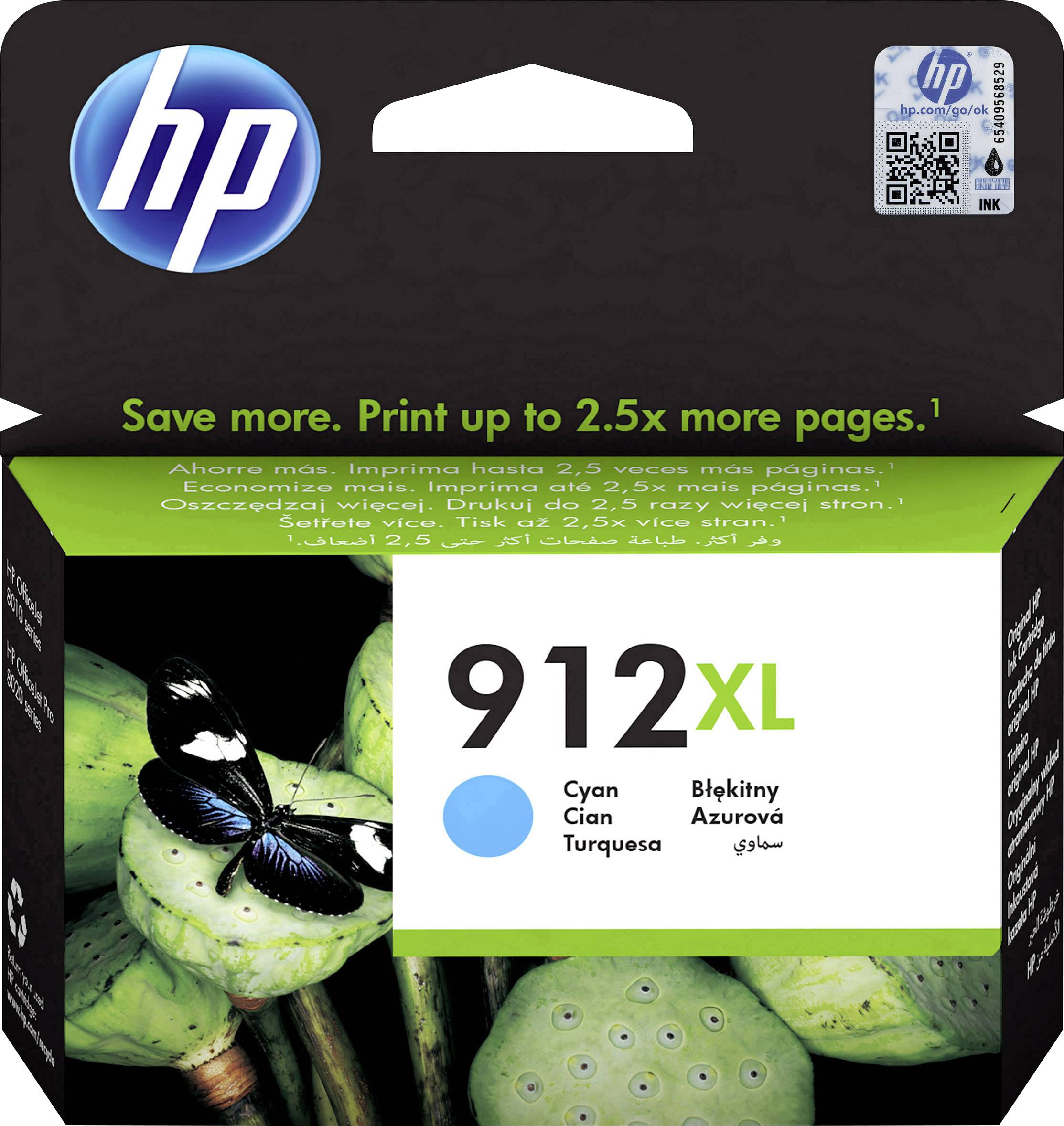 Eine HP Tintenpatrone der Serie 912XL in Cyan. Verpackung zeigt einen Schmetterling auf grünen Blättern. Text: 'Print up to 2.5x more pages'.