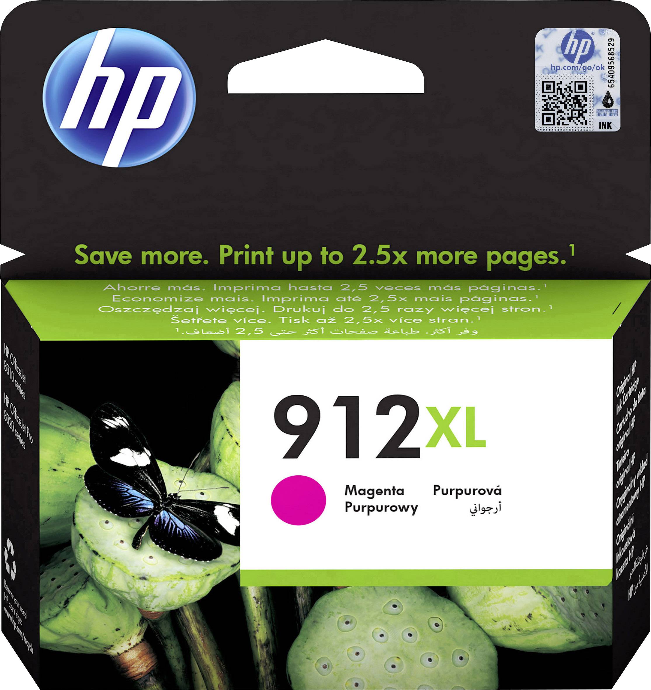 Druckerpatrone HP 912XL Magenta, Foto einer schwarzen Schmetterlingsart auf grünem Pflanzenhintergrund, verspricht hohe Reichweite.
