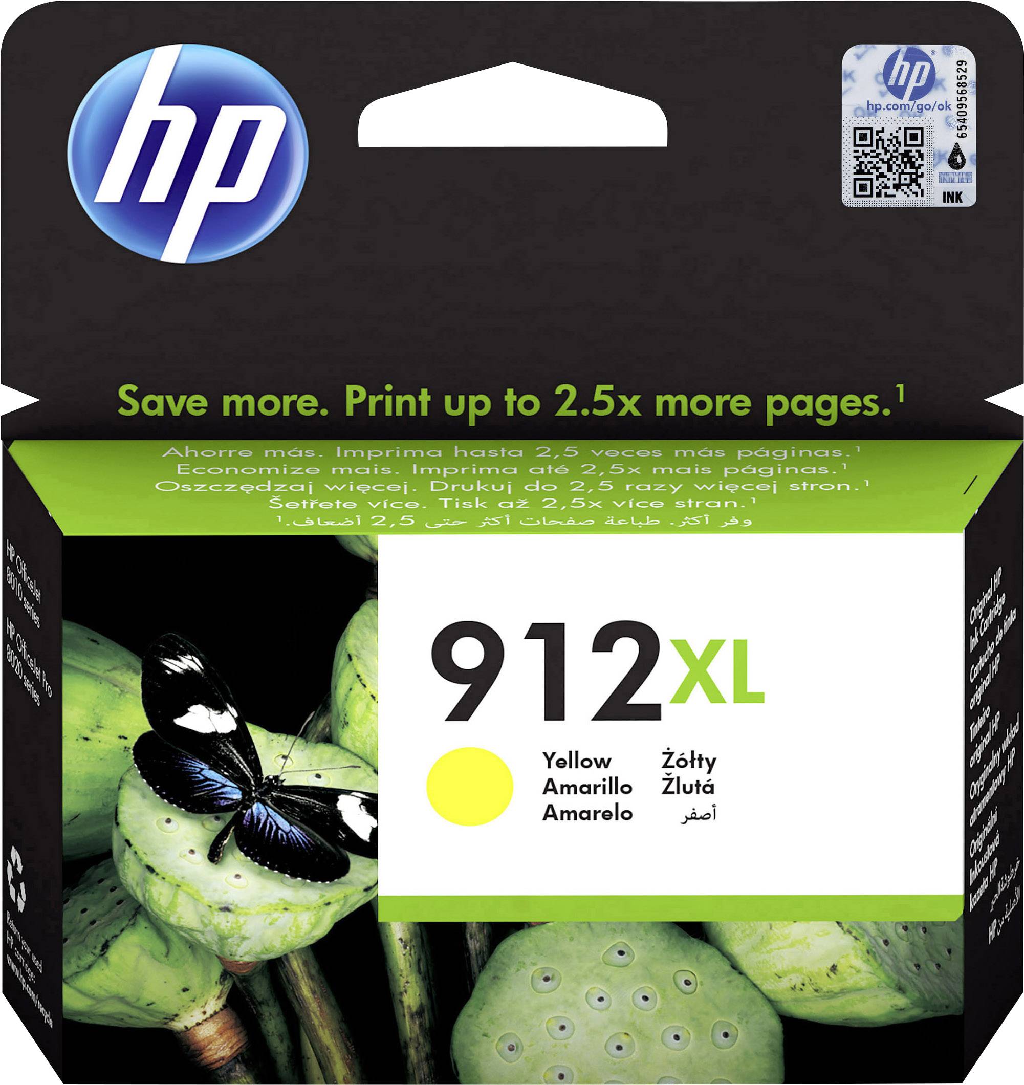 Das Bild zeigt eine HP 912XL Gelb-Druckerpatrone in einer Verpackung, mit einem Schmetterling auf einem grünen Blatt im Hintergrund.