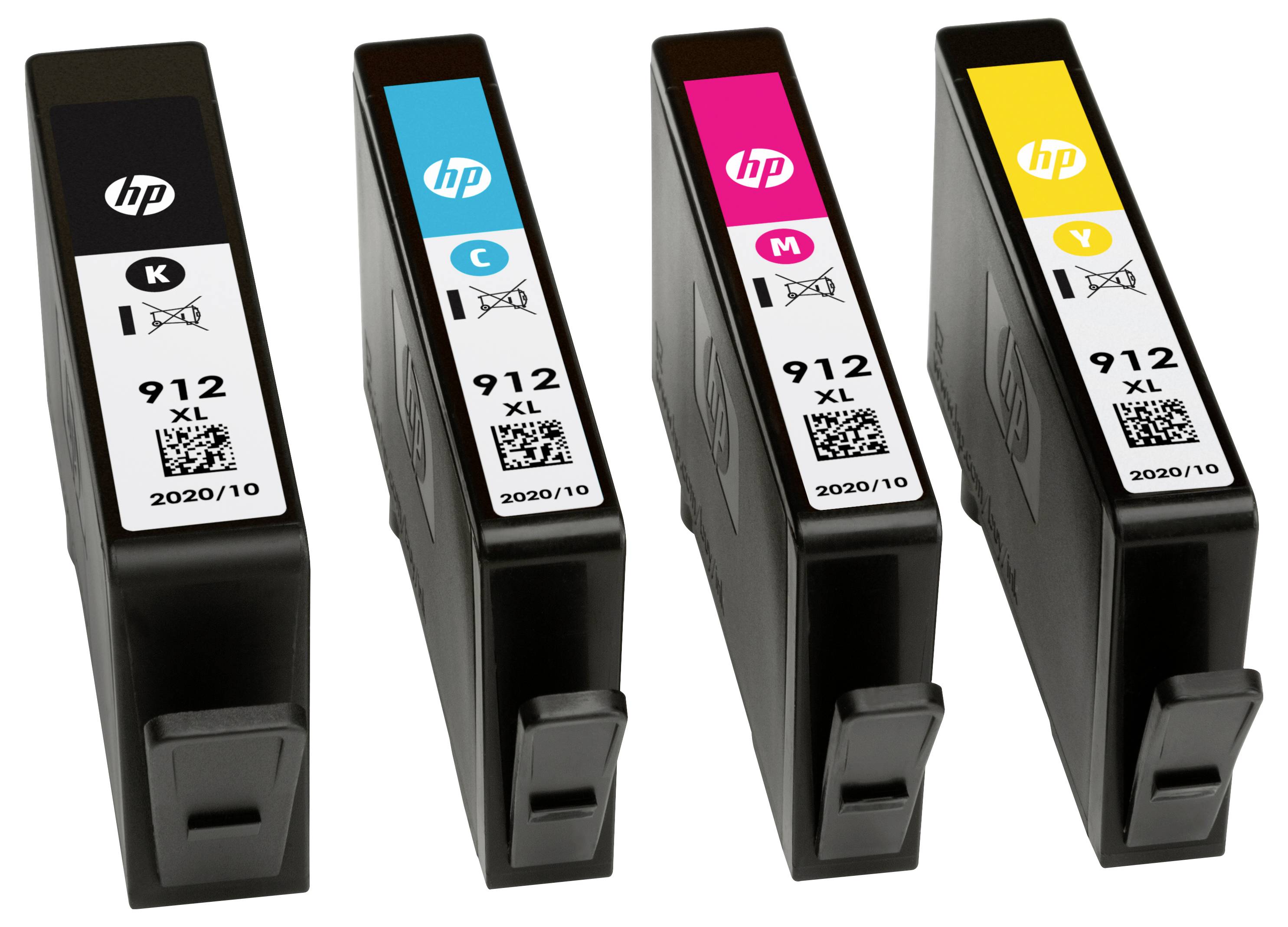 Vier HP 912 XL Druckerpatronen nebeneinander: schwarz, cyan, magenta und gelb.