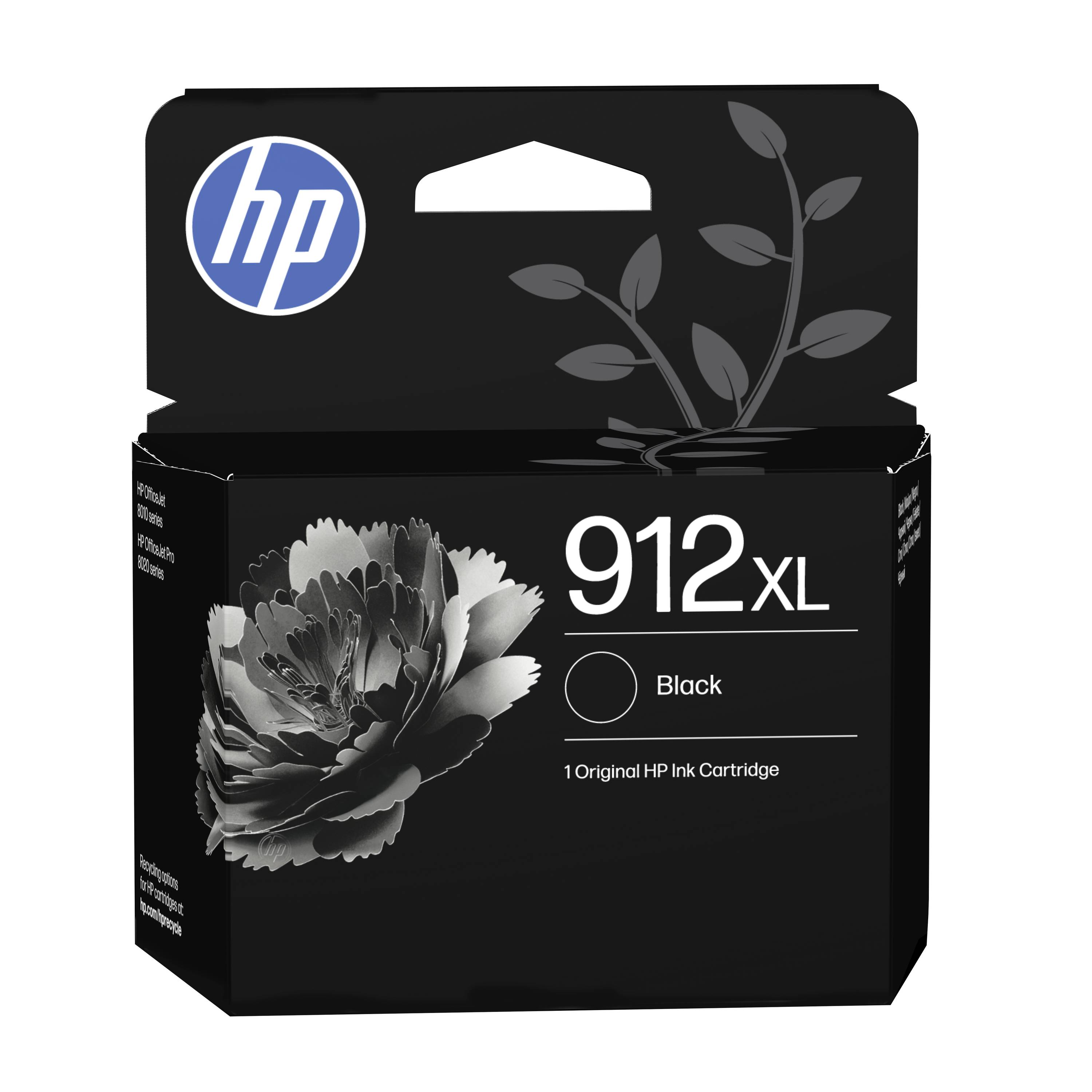 HP 912XL Schwarze Tintenpatrone in einer Schachtel mit HP-Logo und floralem Grafikdesign auf schwarzer Verpackung.
