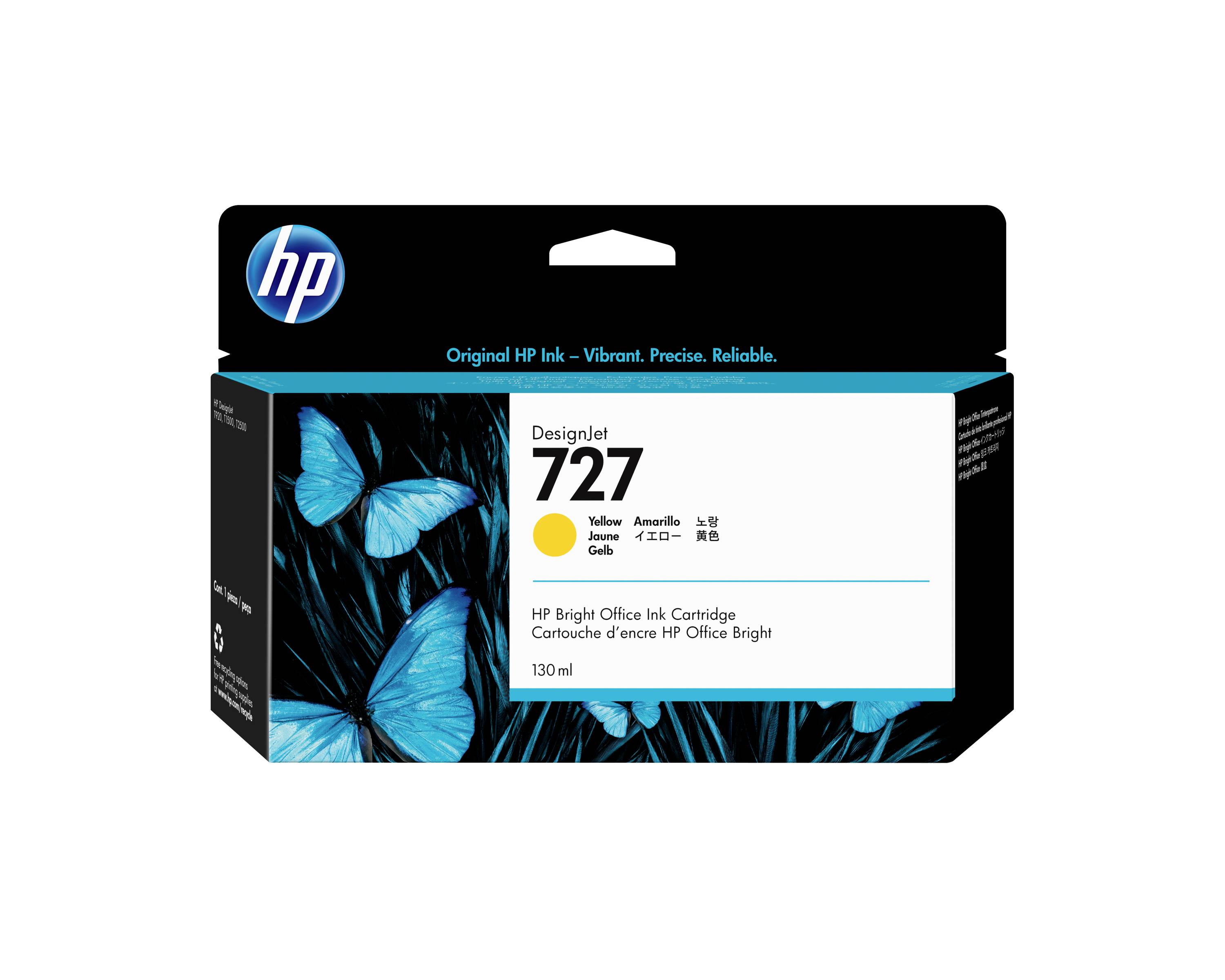 HP DesignJet 727 Gelbe Tintenpatrone, 130 ml, mit Schmetterlingsdesign und „Original HP Ink