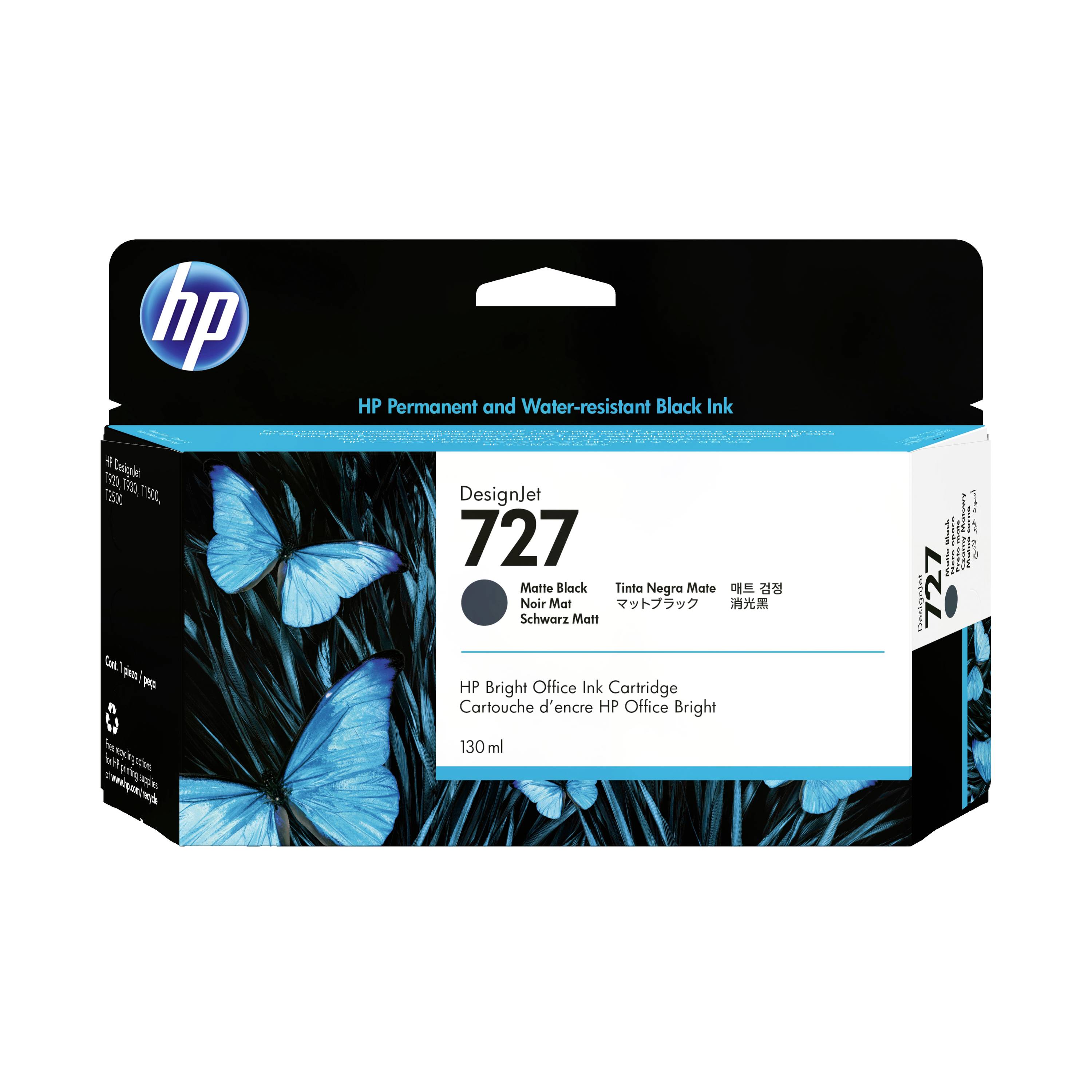 HP DesignJet 727 schwarze Tintenpatrone mit Schachtung und blauem Schmetterlingsmotiv, beschriftet mit „HP Permanent und wasserfeste Blockierungstusche