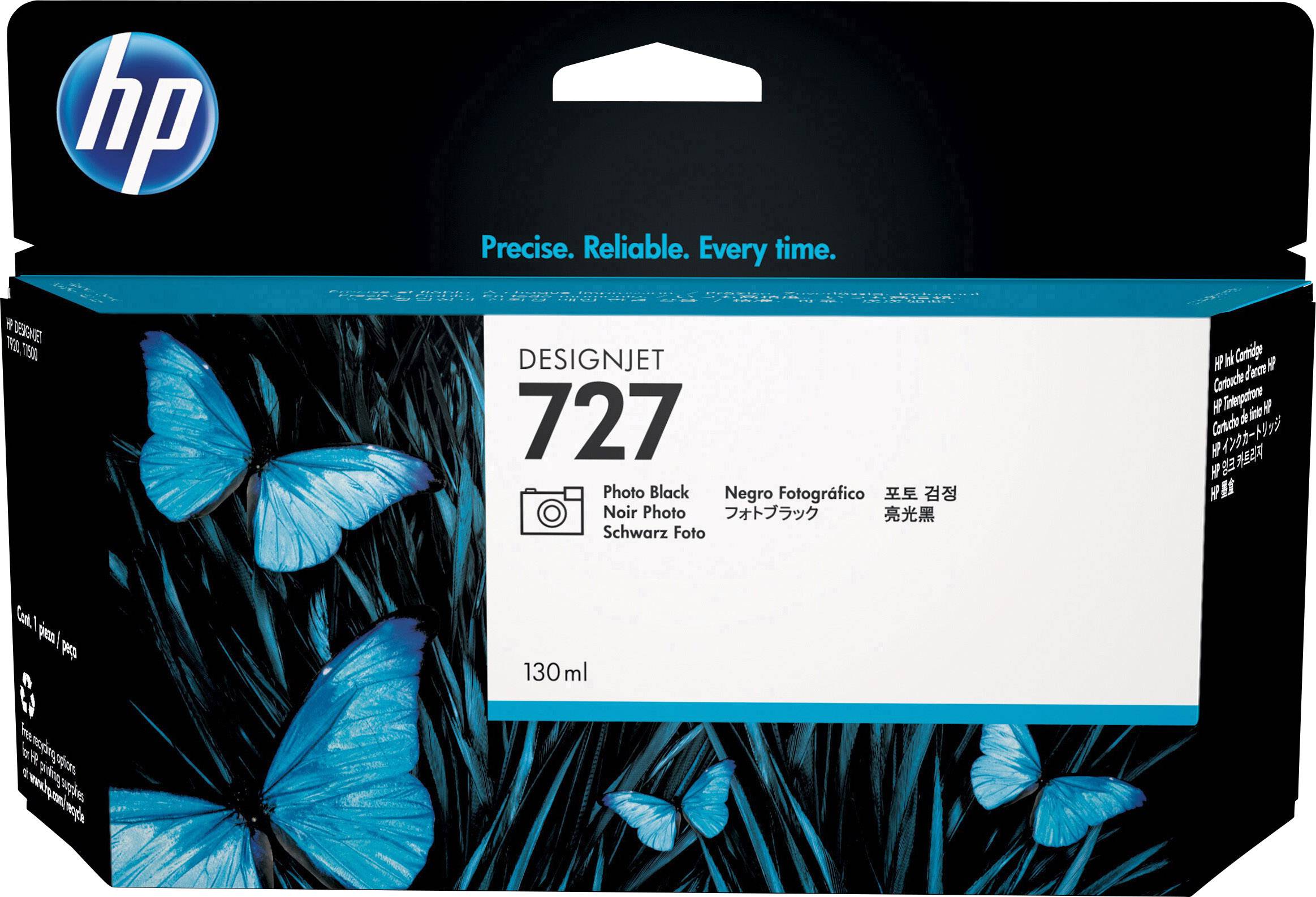 HP Tintenpatrone DesignJet 727, Schwarz, 130 ml. Verpackung mit blauen Schmetterlingen auf schwarzem Hintergrund.