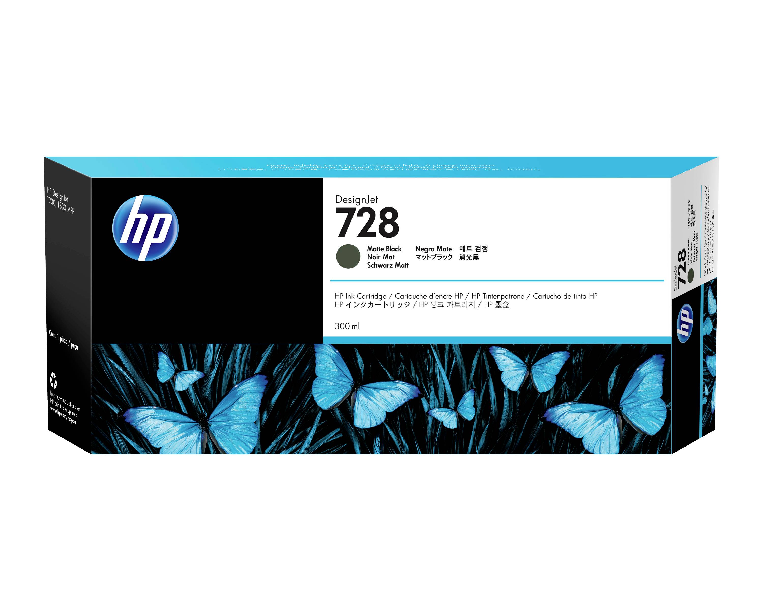 HP DesignJet 728 Tintenpatrone, 300 ml, in mattem Schwarz, abgebildet mit blauem Schmetterlingsdesign auf der Verpackung.