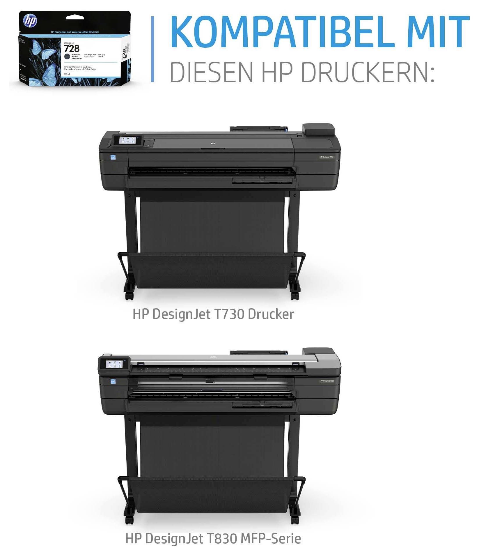 HP 728 Tintenpatrone kompatibel mit HP DesignJet T730 Drucker und HP DesignJet T830 MFP Serie, gezeigt mit Druckerbildern.