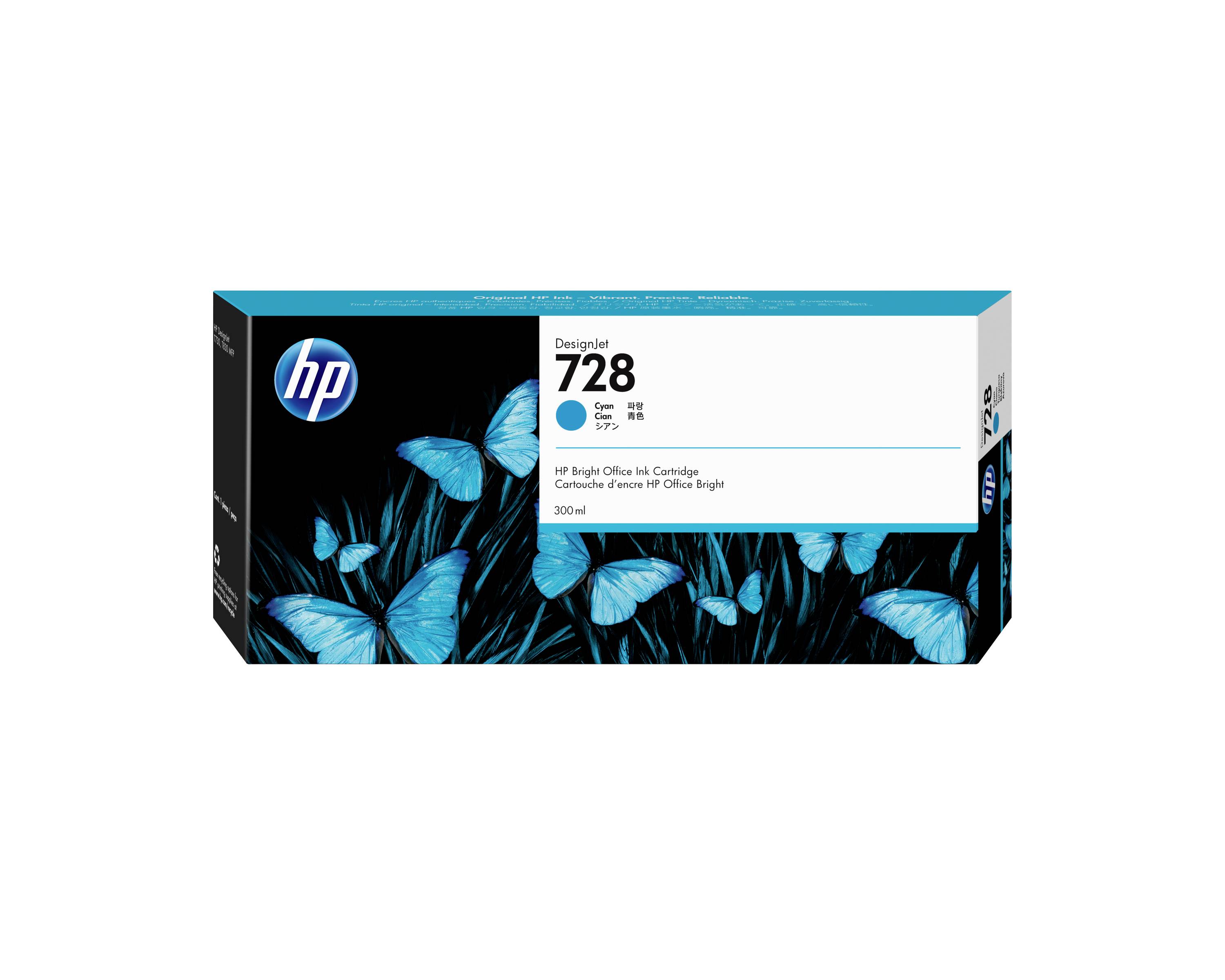 HP DesignJet 728 Cyan-Patrone Box mit Schmetterlingsmotiv und 300-ml-Kapazitätsetikett.