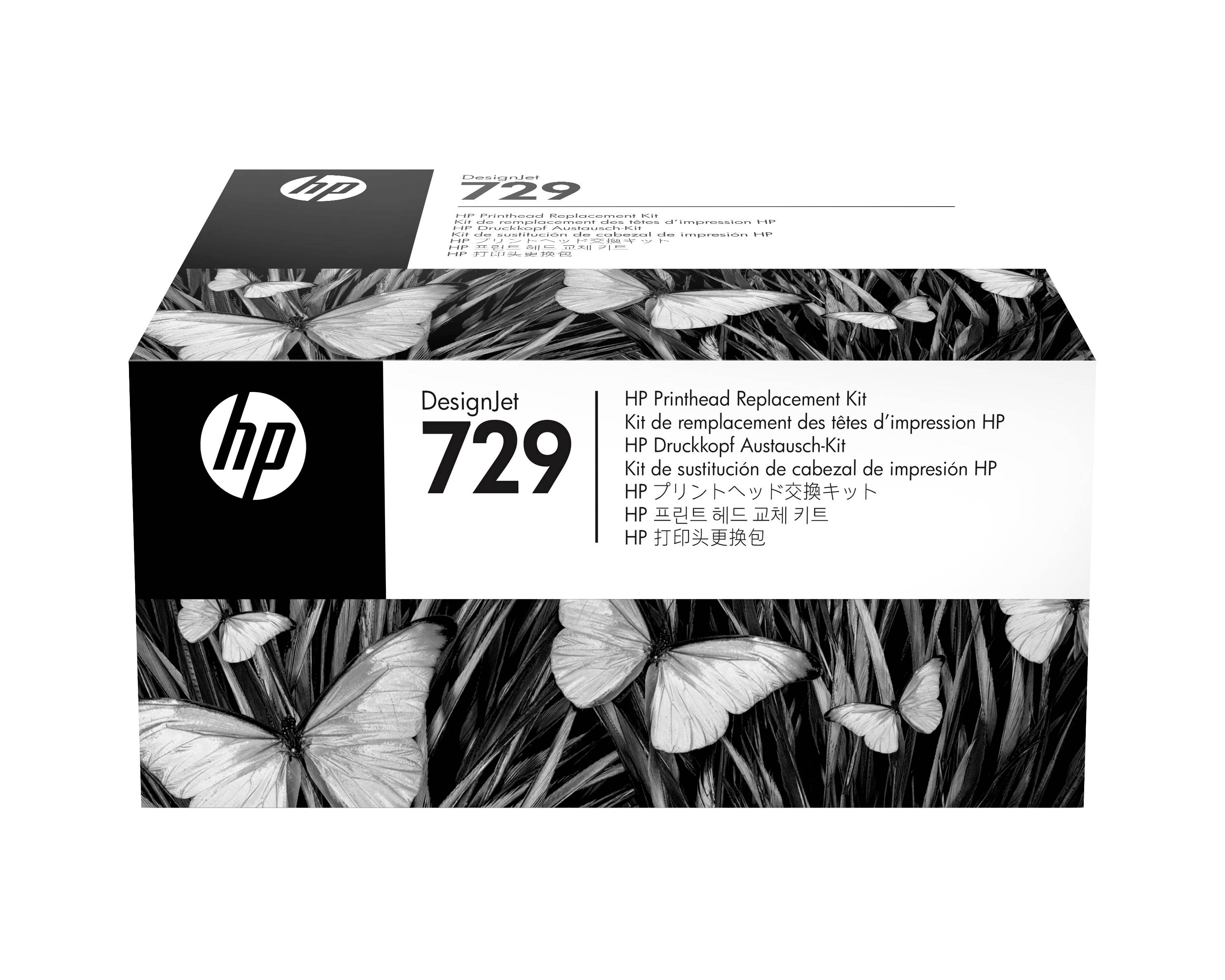 HP DesignJet 729 Austausch-Druckkopf-Kit-Box mit Schmetterlings- und Grasdesign und mehrsprachiger Produktnamentext.