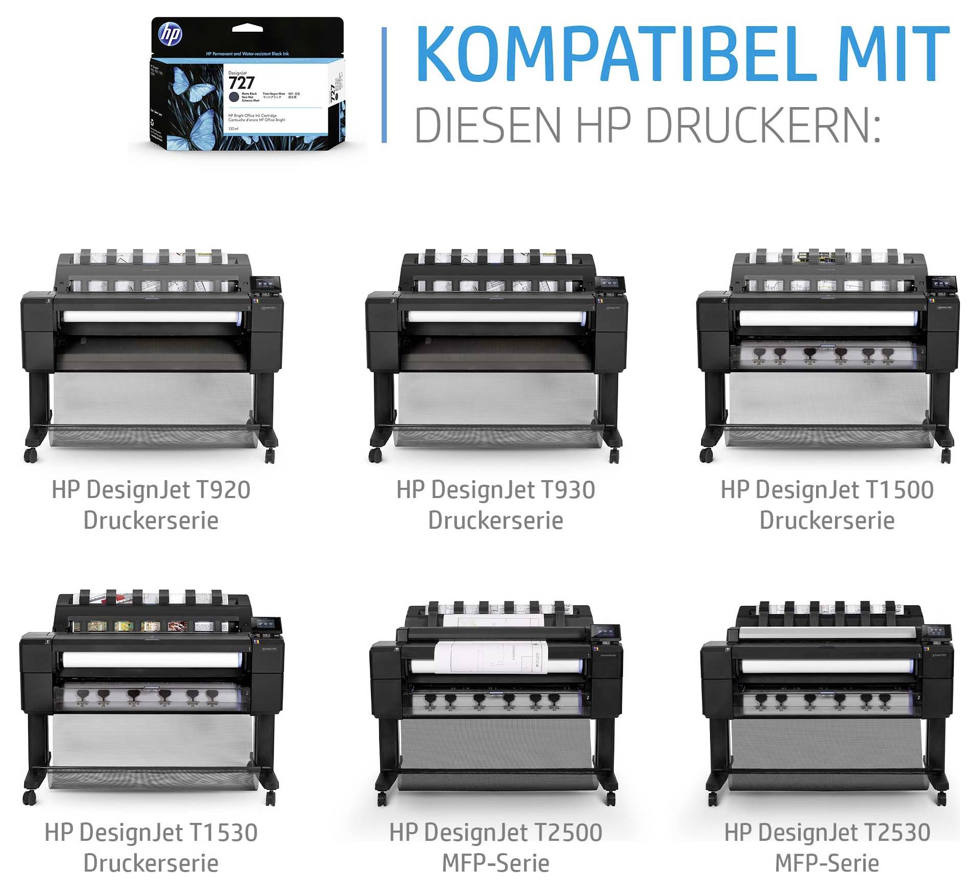 Kompatibilitätstabelle für HP 727 Tinte: funktioniert mit den HP DesignJet T920, T930, T1500, T1530, T2500 und T2530 Druckerserie.
