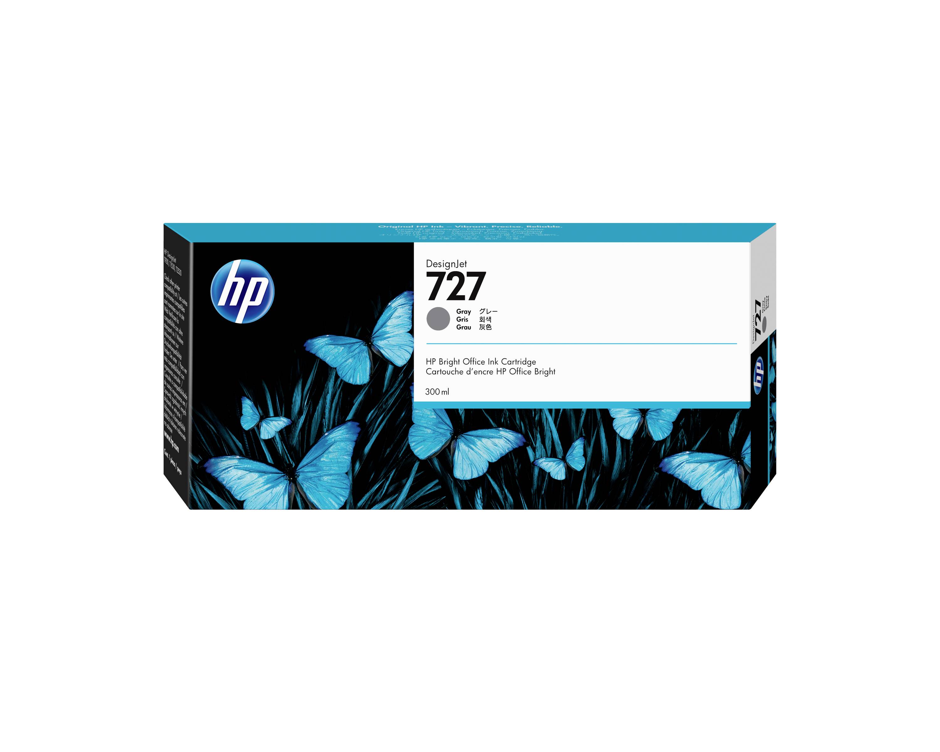 HP 727 DesignJet Tintenpatrone, Cyan, gezeigt mit Schmetterlingskunstwerk auf der Verpackung.