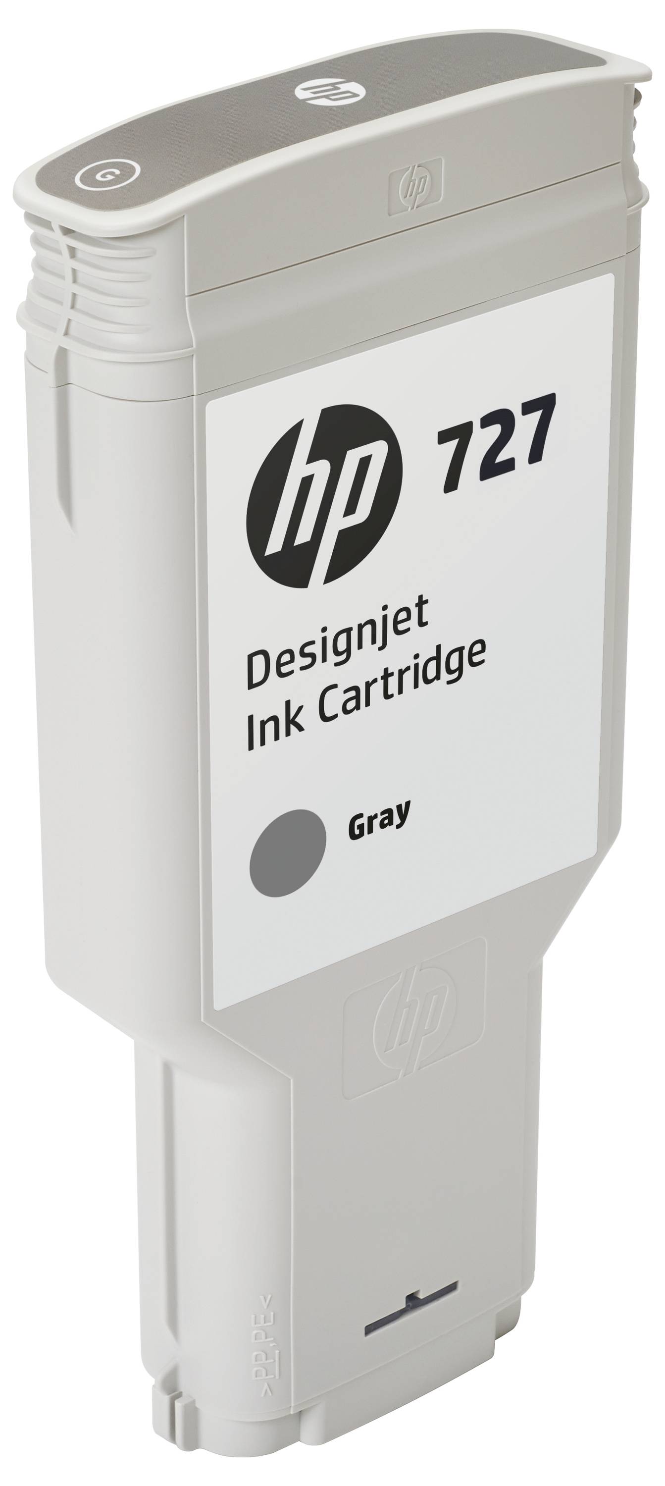 HP 727 DesignJet Graudruckkassette, aufrecht in einem weiß-grauen Kunststoffgehäuse dargestellt.