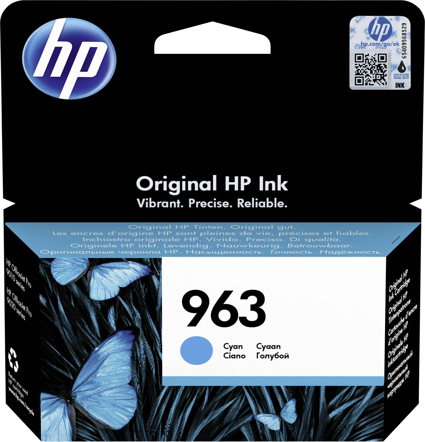 HP Tintenpatrone, Modell 963, original, enthält cyanfarbene Tinte. Verpackung zeigt blaue Schmetterlinge und das HP-Logo.