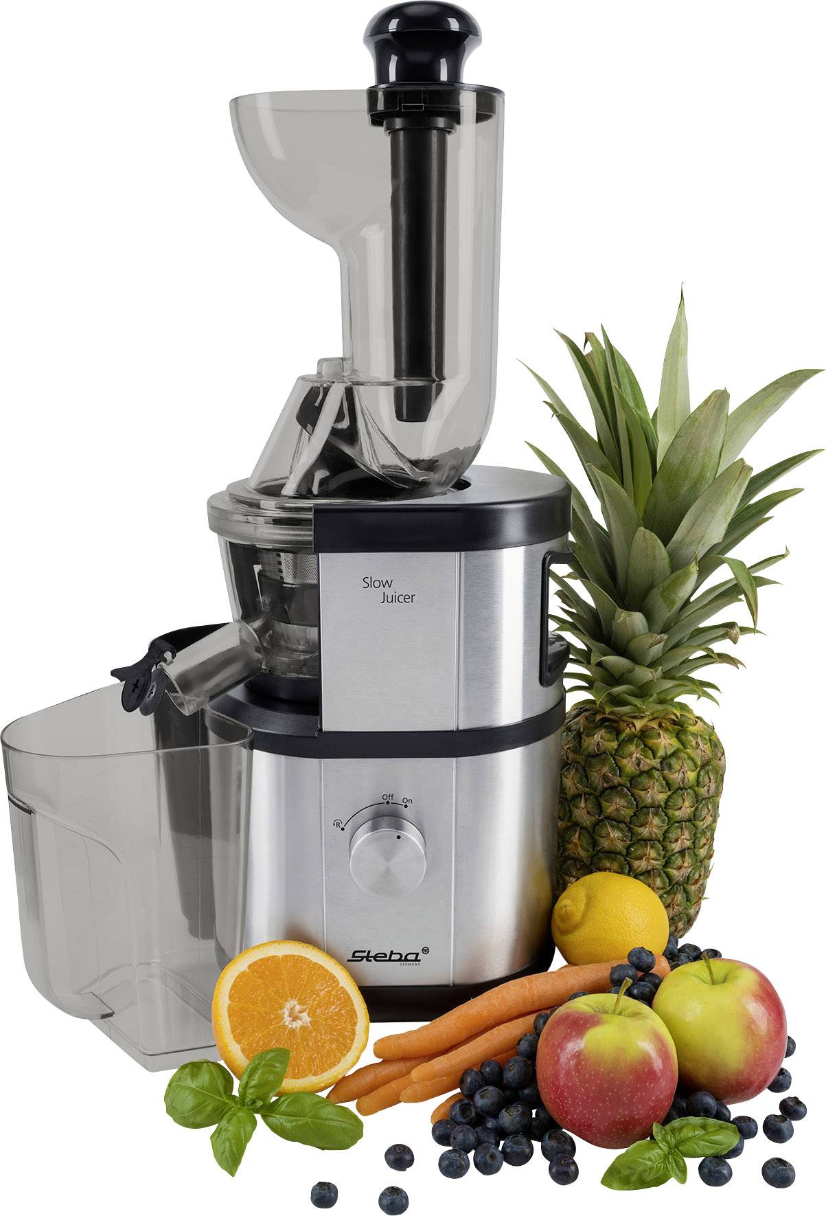 'Slow Juicer' mit Früchten und Gemüse wie Ananas, Orangen, Äpfeln und Karotten, die drapiert sind, um Frische und Vielfalt zu zeigen.