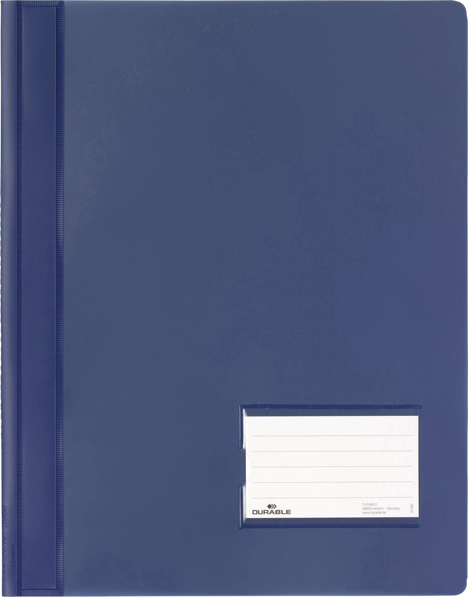 Eine blaue Projektmappe mit Beschriftungsfeld unten rechts. Die Mappe hat einen breiten Rücken und ist aus Plastik.