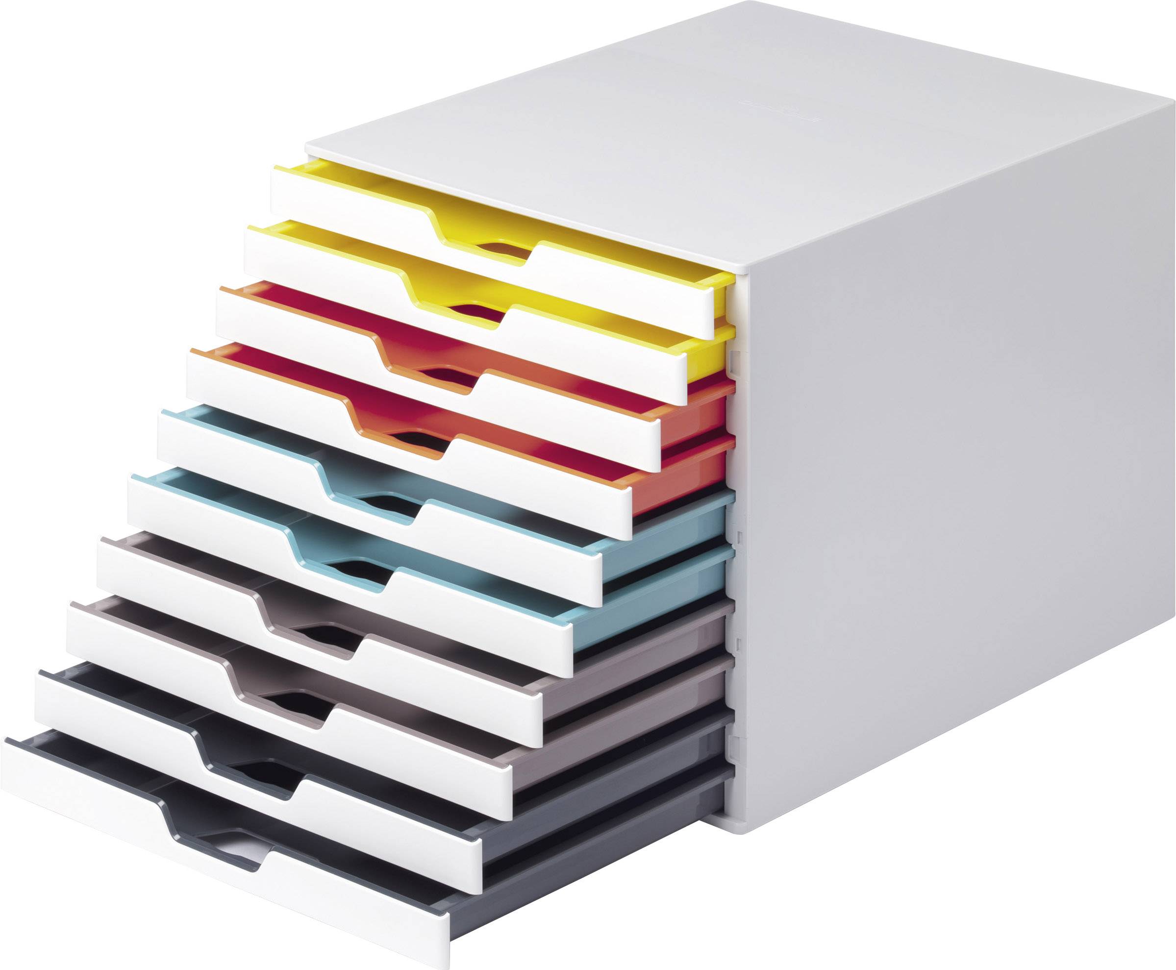 Ein Büroablagesystem mit zehn ausziehbaren Schubladen in verschiedenen Farben, das zur organisierten Aufbewahrung von Dokumenten dient.