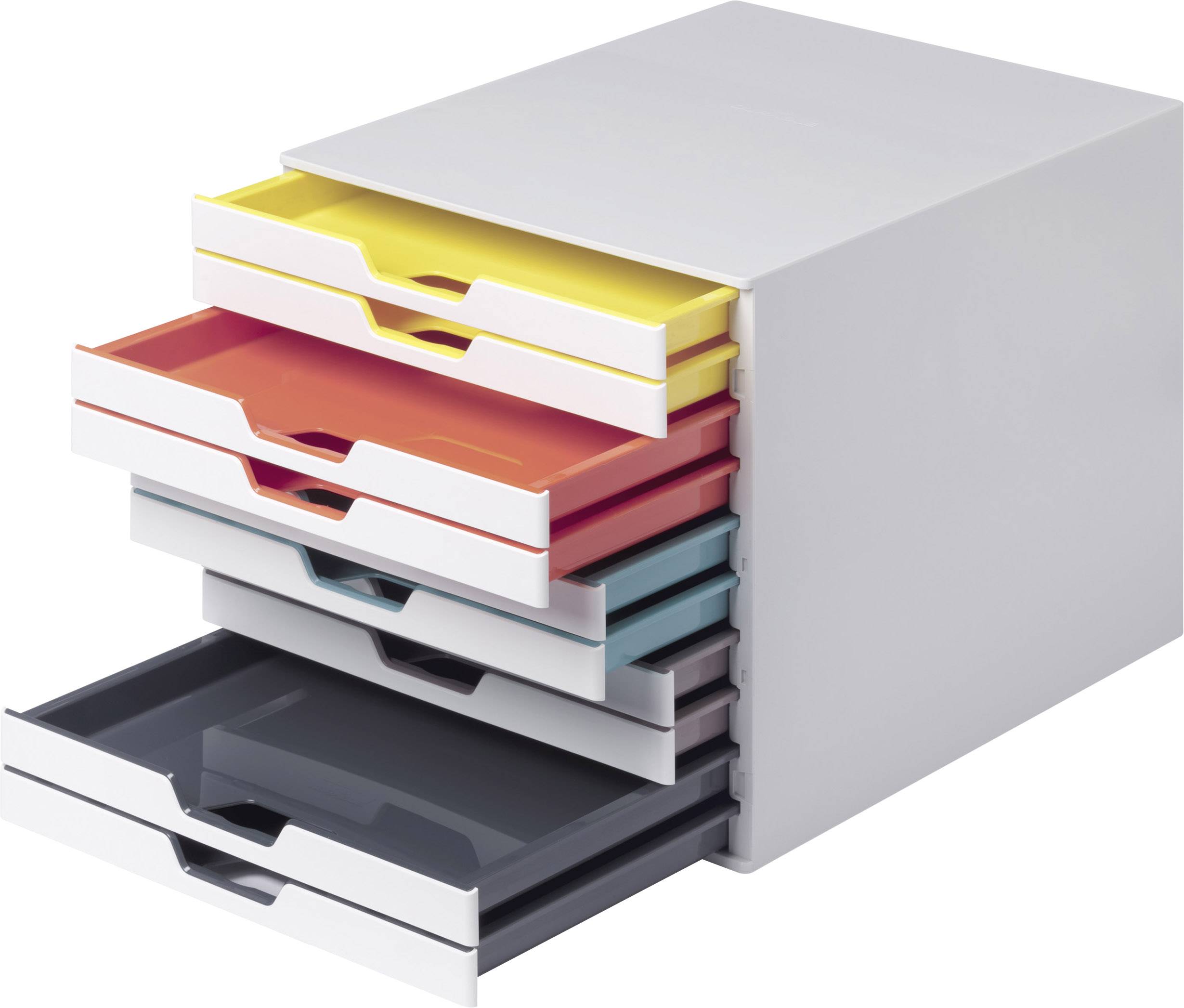 Ein weißer Schubladenblock mit sechs bunten, halb geöffneten Schubladen in Gelb, Rot, Orange, Blau, Grau und Schwarz.