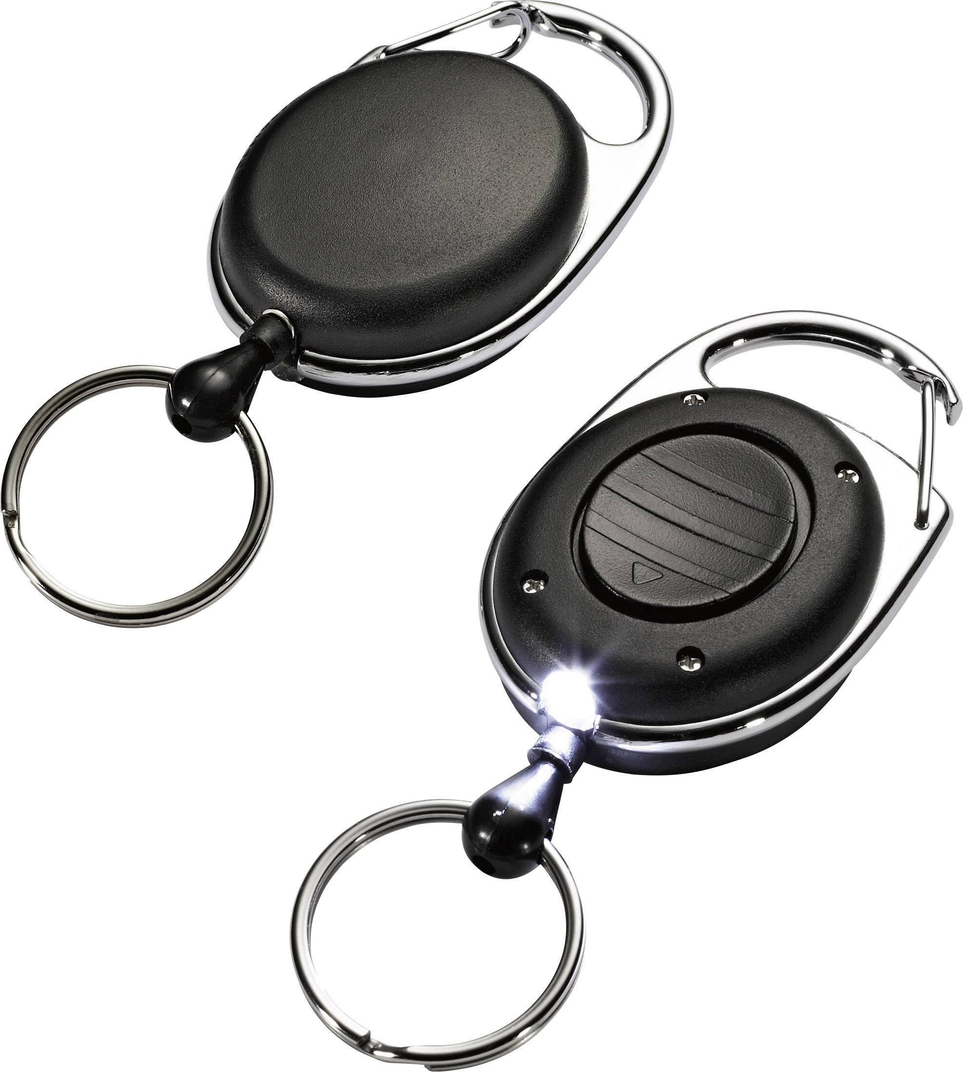 Zwei schwarze Schlüsselanhänger mit runden Gehäusen und silbernen Ringen; einer hat eine kleine LED-Leuchte aktiv.
