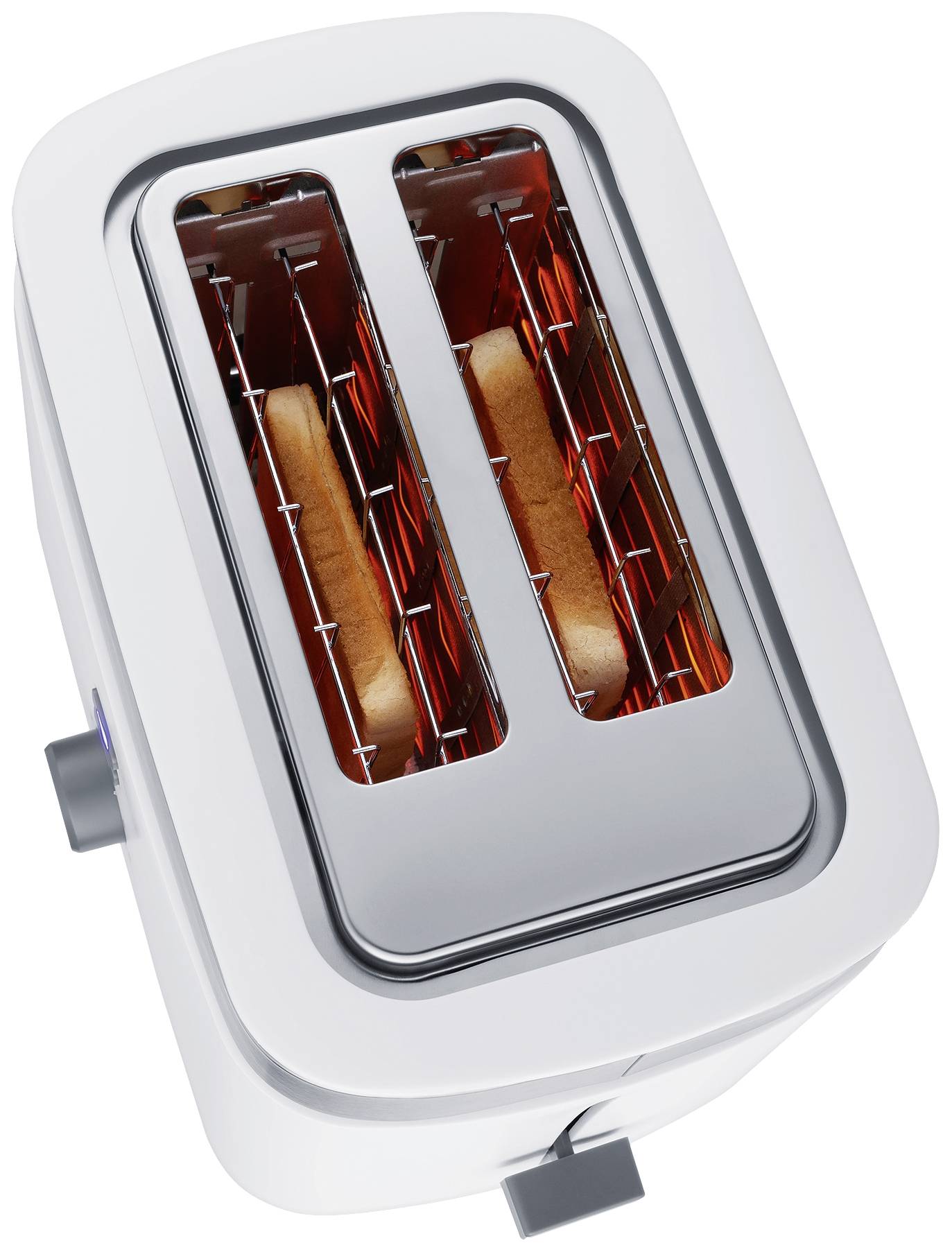 Ein Toaster mit zwei Toastscheiben, die gerade gebräunt werden.