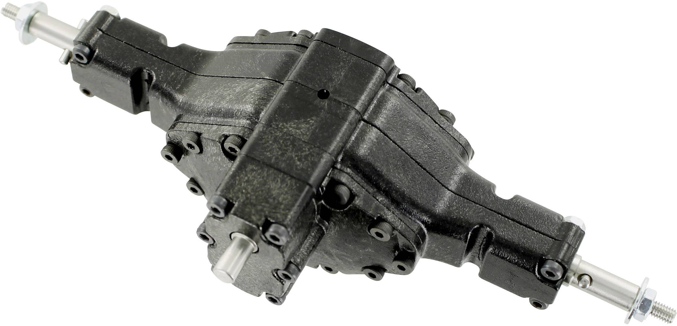 Schwarzes mechanisches Bauteil, wahrscheinlich ein Getriebe mit Metallachsen auf beiden Seiten. Geeignet für technische Anwendungen.