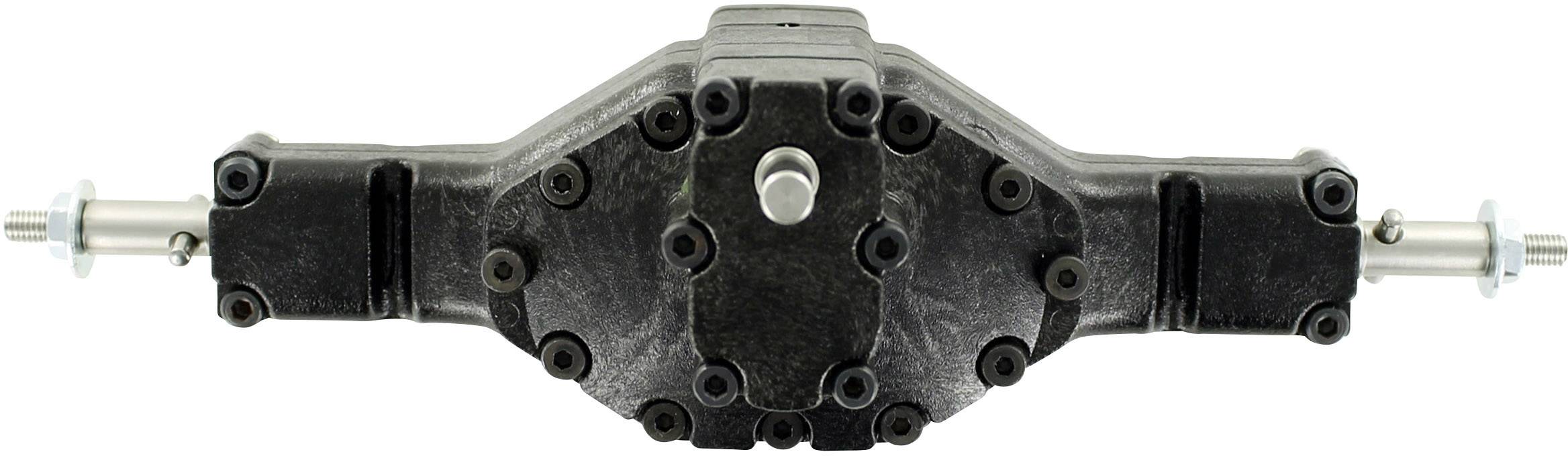 Metallgetriebe mit mehreren Schrauben, vermutlich Achsgehäuse eines Fahrzeugs. Zentraler Bolzen und zwei seitliche Montagepunkte sichtbar.