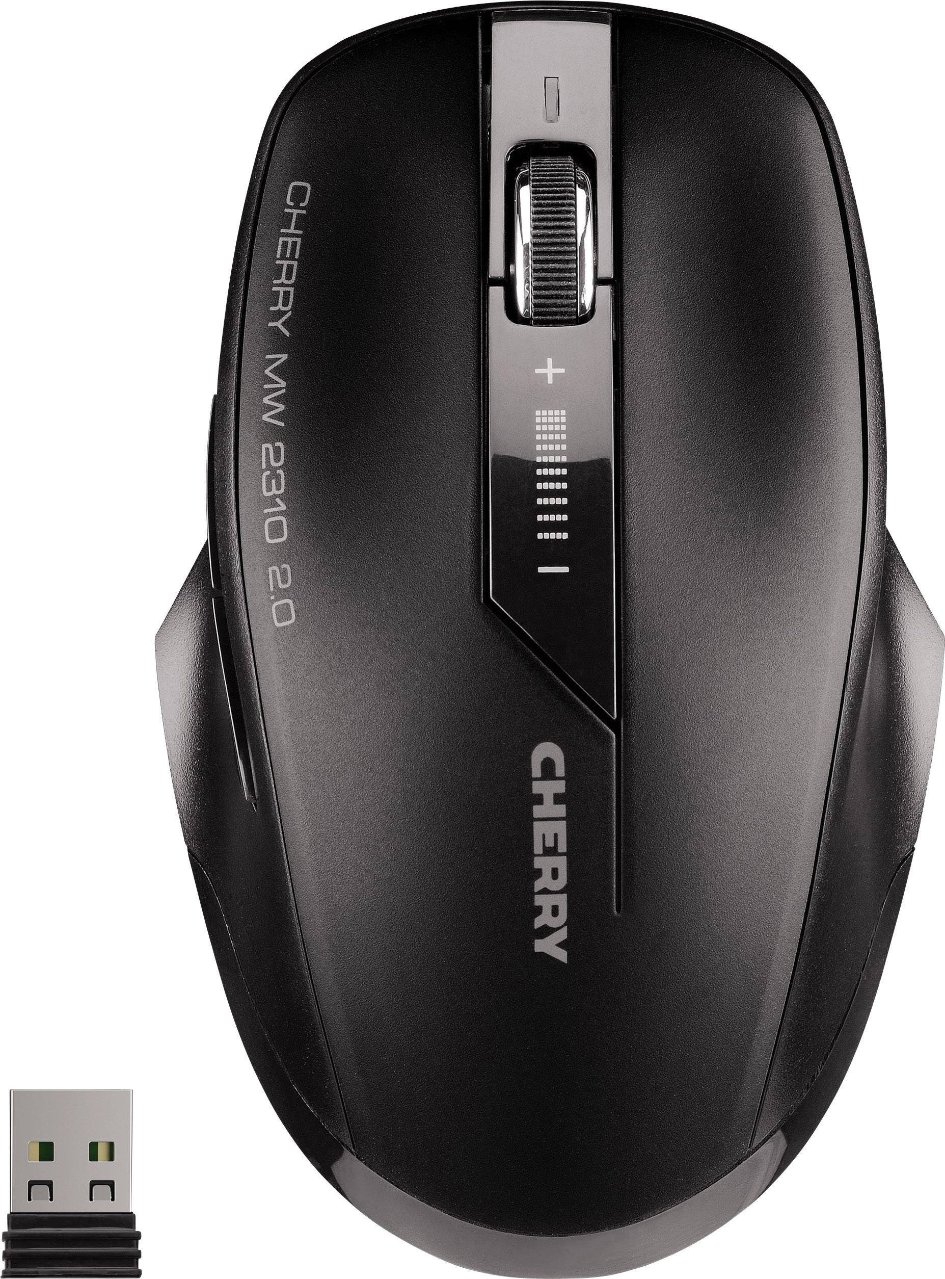 Schwarze kabellose Computermaus 'CHERRY MW 2310 2.0' mit Scrollrad, plus und minus Tasten, und USB-Empfänger daneben.