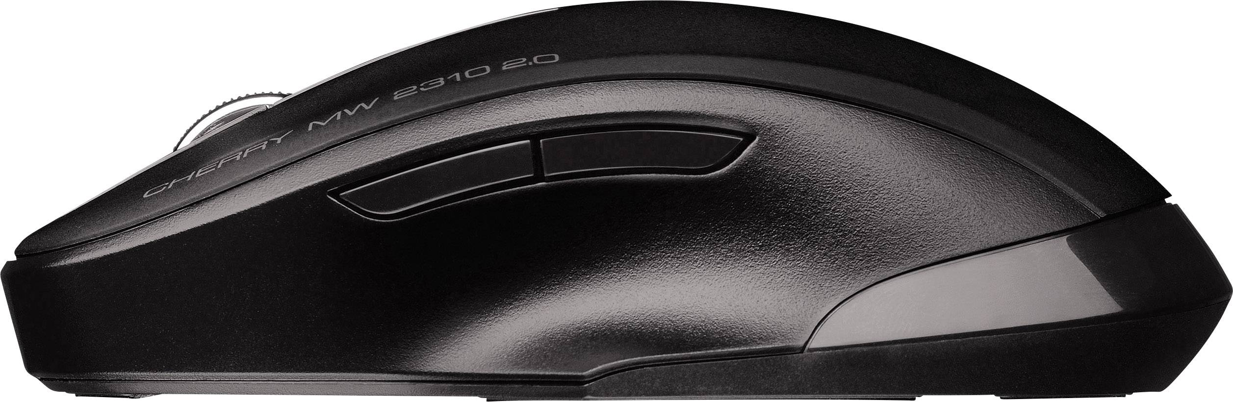 Eine schwarze Computermaus mit zwei seitlichen Tasten und einem Scrollrad, abgebildet von der Seite.