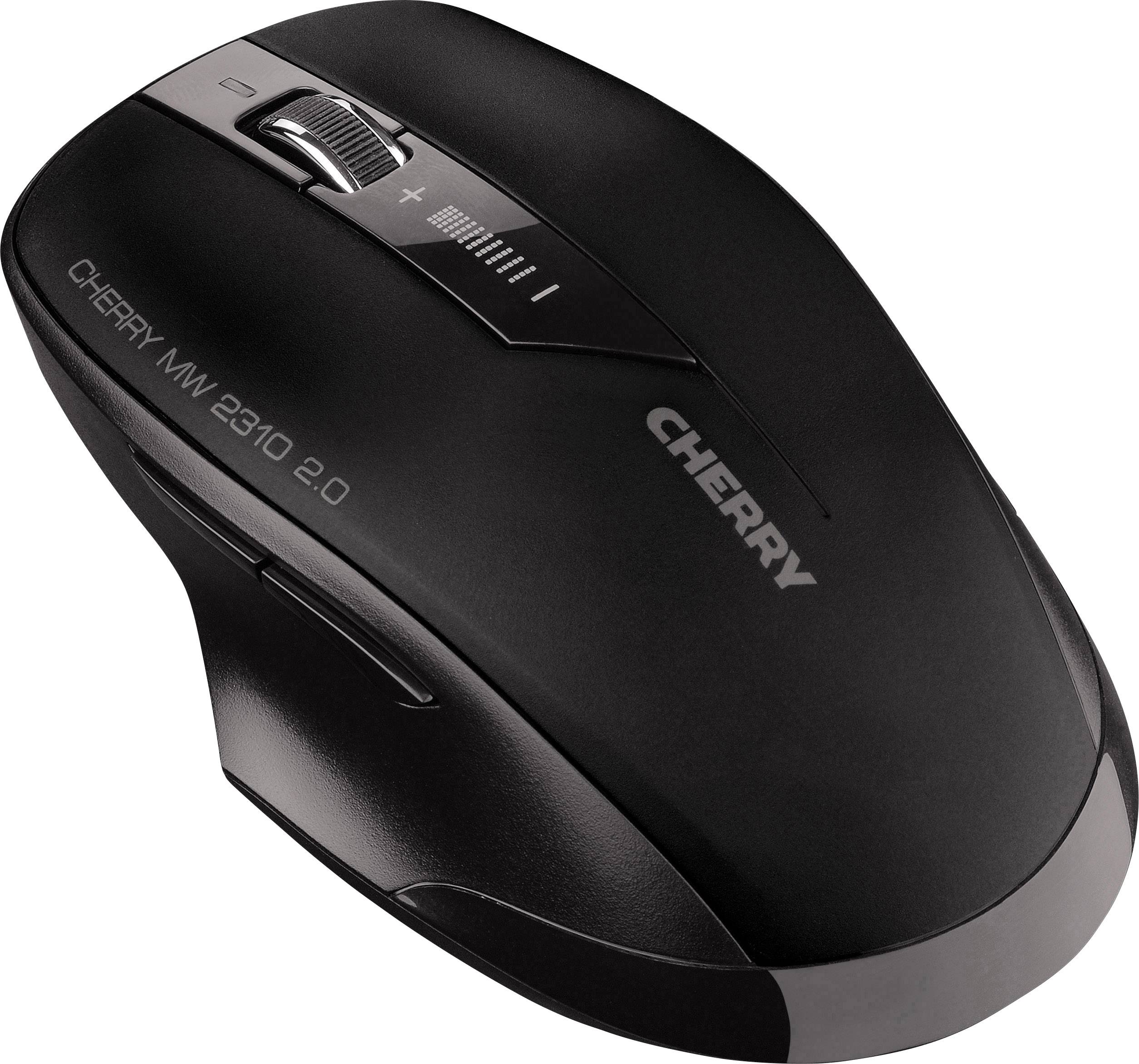Schwarze Computermaus mit ergonomischem Design und silbernem Scrollrad. Aufschrift 'CHERRY MW 2310 2.0' sichtbar.