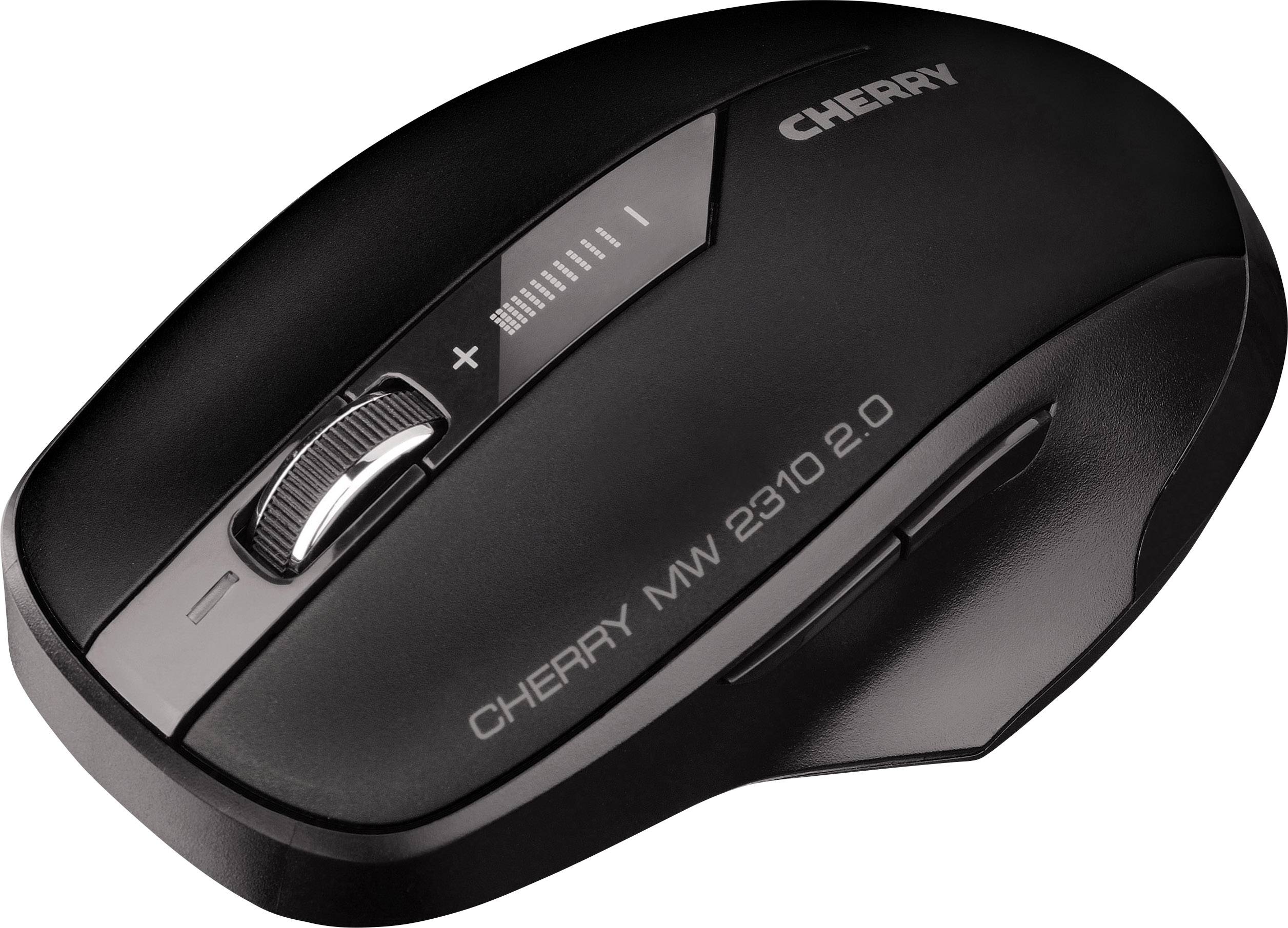 Eine schwarze kabellose Maus mit zwei Seitentasten, Scrollrad und DPI-Regelungstasten. Markenname 'CHERRY MW 2310 2.0' sichtbar.