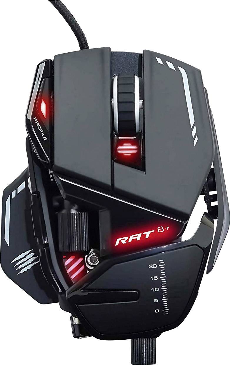 MadCatz R.A.T. 8 + Gaming-Maus USB Optisch Schwarz 11 Tasten 16000 dpi Beleuchtet, Handballenauflage, Gewichts-Tuning, Integrierter Profilspeicher