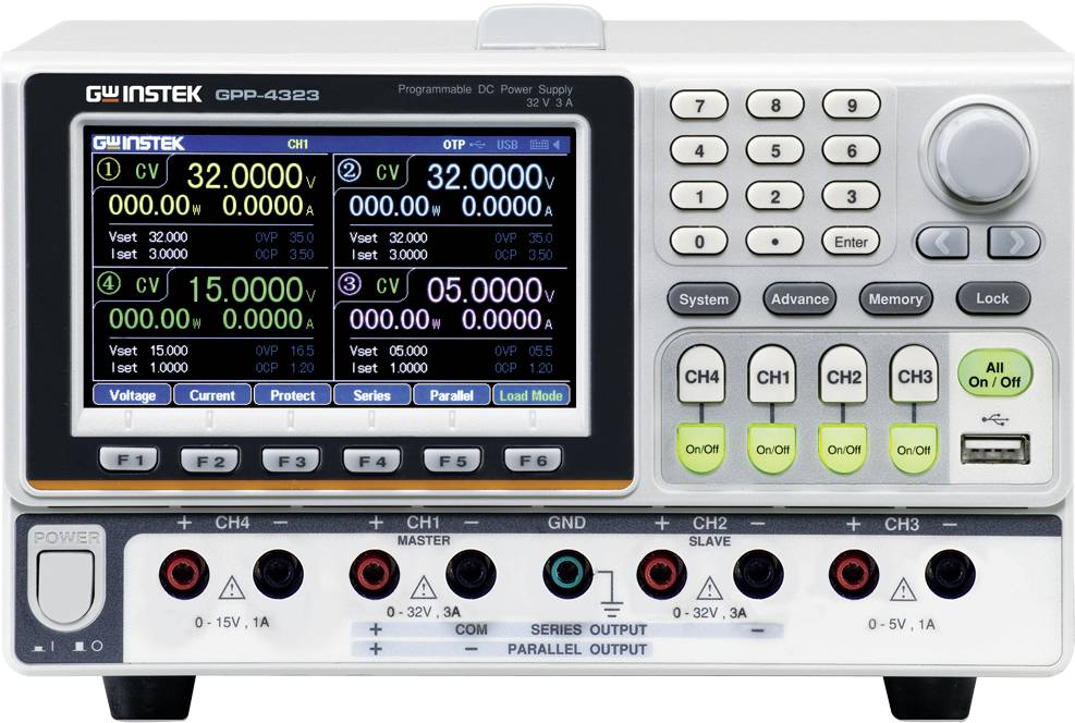 Ein digitales Stromversorgungsgerät mit vier Displayanzeigen, die Spannung, Stromstärke und Leistung für vier Kanäle anzeigen.