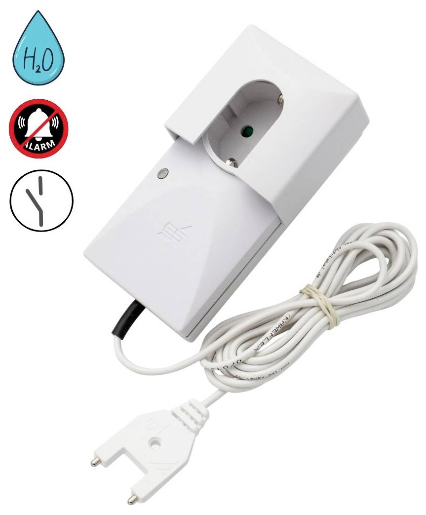 Weißer Stecker-Wasserleckalarm-Sensor mit Kabel und Steckerdose, dargestellt mit Wassertropfen-, Alarm- und Uhrsymbolen, die Erkennungs- und Benachrichtigungsfunktion anzeigen.