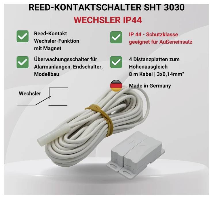 Angebot für Reed-Kontaktschalter SHT 3030, geeignet für den Außenbereich (IP44), inklusive Kabel und Montagedetails.