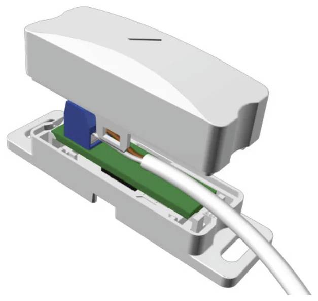 Ein offenes elektrisches Gehäuse mit freiliegenden internen Komponenten, das eine Leiterplatte und ein angeschlossenes Kabel zeigt, das eine Montage oder Reparatur veranschaulicht.