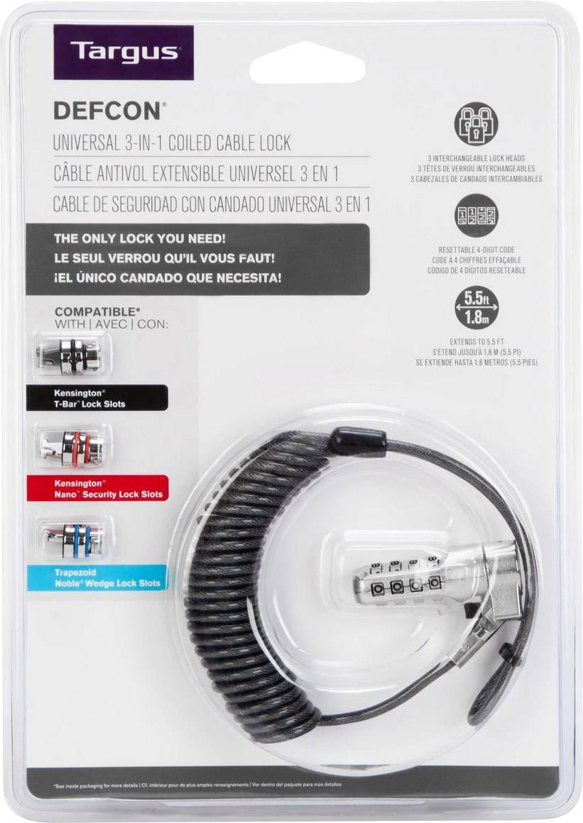 Targus Laptopschloss Zahlenschloss 2m Defcon 3-in-1 Coiled Combination
