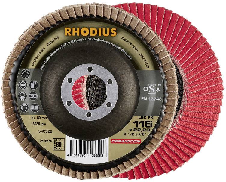 Zwei rot-schwarze Schleifscheiben mit Aufschrift 'RHODIUS'. Etikett zeigt Spezifikationen wie Durchmesser 115 mm und RPM 13285.