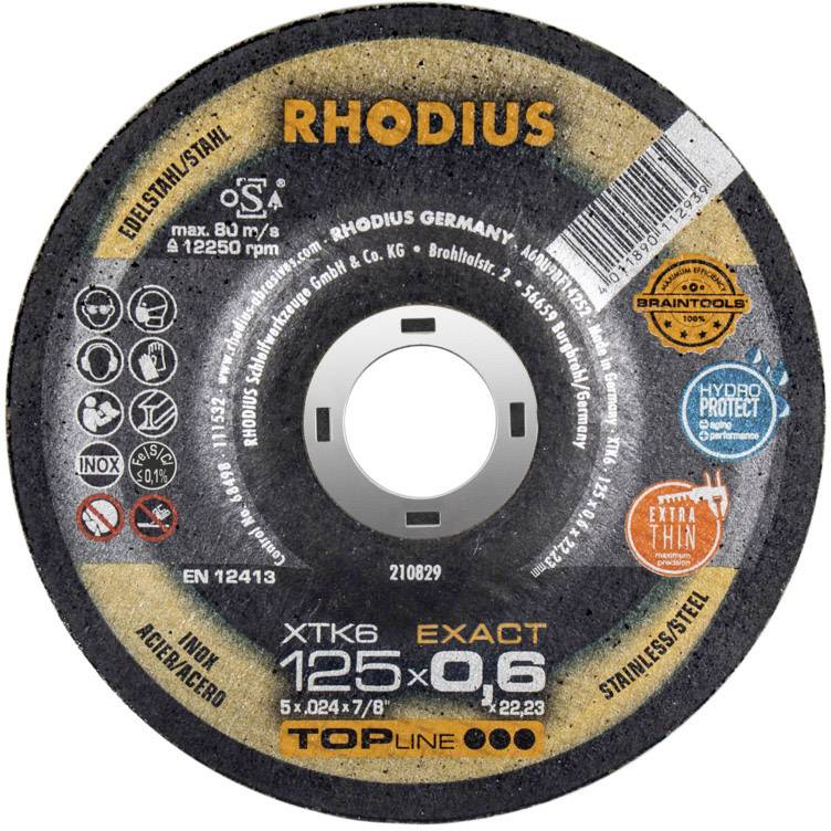 'RHODIUS' Trennscheibe für Edelstahl, Durchmesser 125 mm, Dicke 0,6 mm, für hohe Schnittpräzision.