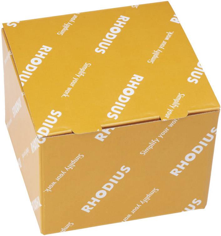 Eine orangefarbene Verpackung mit der Aufschrift 'RHODIUS' und 'Simplify your work'.