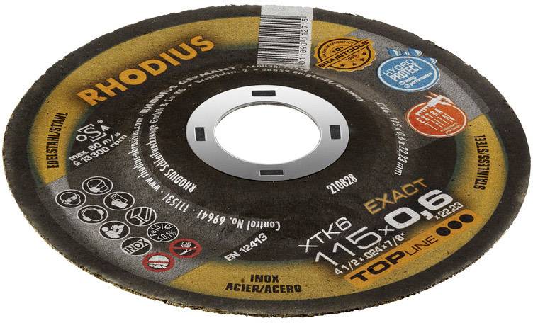 Schleifscheibe von Rhodius. Aufschrift zeigt Spezifikationen: 115x0.6 mm, geeignet für Edelstahl. Enthält diverse Qualitäts- und Sicherheitszertifikate.