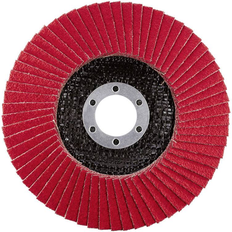 Ein rotes Schleifblatt mit radial angeordneten Lamellen für Winkelschleifer.