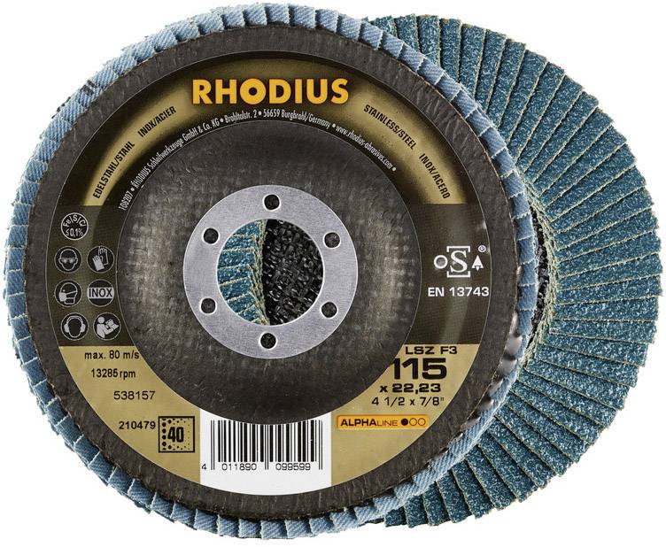 'RHODIUS Schleifmopteller LSZ F3', Körnung 40, 115 mm Durchmesser, für Metallbearbeitung. Verpackung zeigt Produktinformationen und Barcode.
