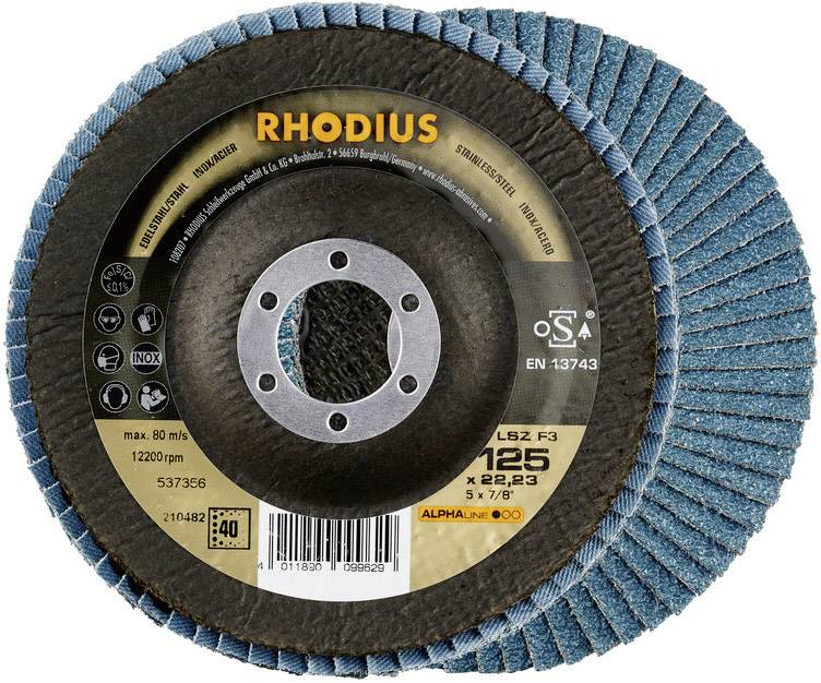 Schleifscheibe der Marke Rhodius, Modell LSZ F2, 125 mm Durchmesser, geeignet für max. 80 m/s bei 12.200 U/min.