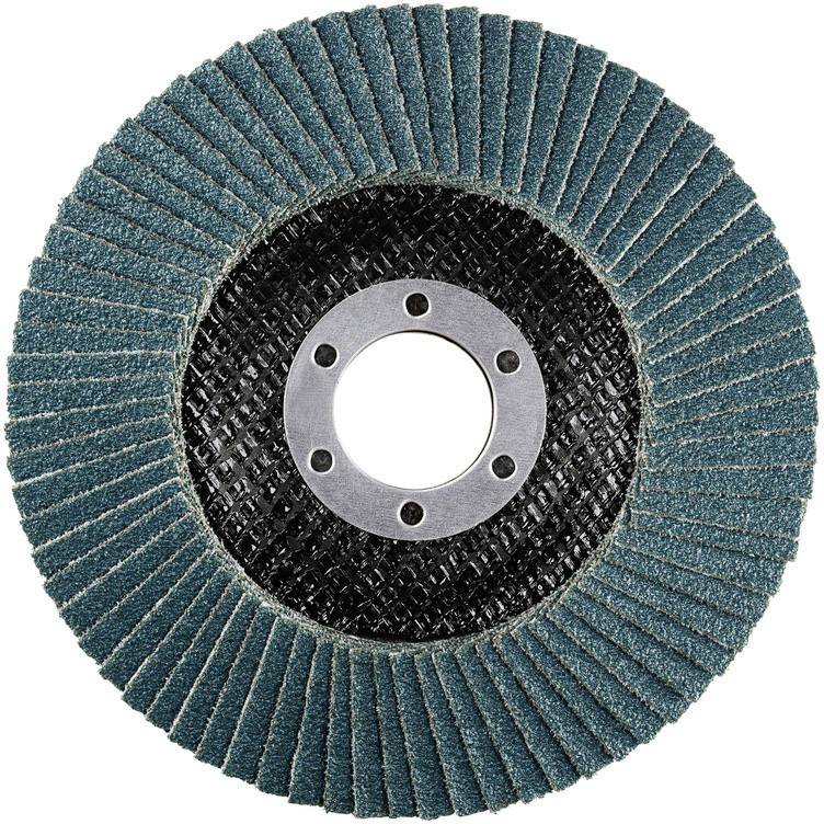 Schleifscheibe mit blauen Lamellen auf schwarzem Träger. Verwendet zum Schleifen oder Polieren von Materialien.