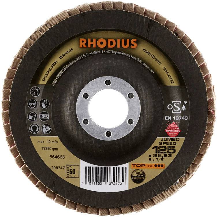 'RHODIUS' Schleifscheibe, geeignet für Edelstahl, mit maximaler Drehzahl von 12250 U/min und Durchmesser von 125 mm.