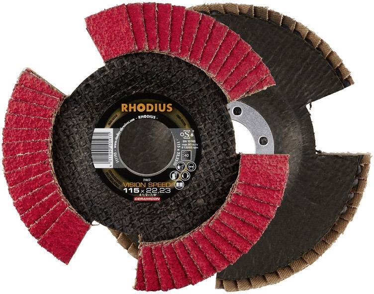 Eine Schleifscheibe mit roten Schleifsegmenten und einer zentralen Metallbefestigung. Aufschrift: 'RHODIUS Vision Speed'.