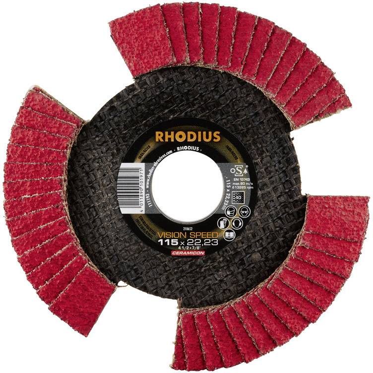'Rhodius Vision Speed 115 x 22,23', Schleifscheibe mit rotem Schleifpapier, ideal für aggressive Schleifarbeiten auf unterschiedlichen Materialien.