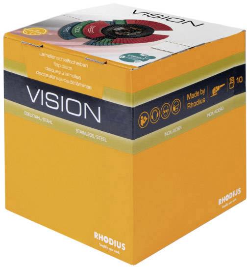 Eine gelbe Verpackung mit der Aufschrift 'VISION', enthält 10 Lamellenschleifscheiben für Edelstahl, Marke Rhodius.