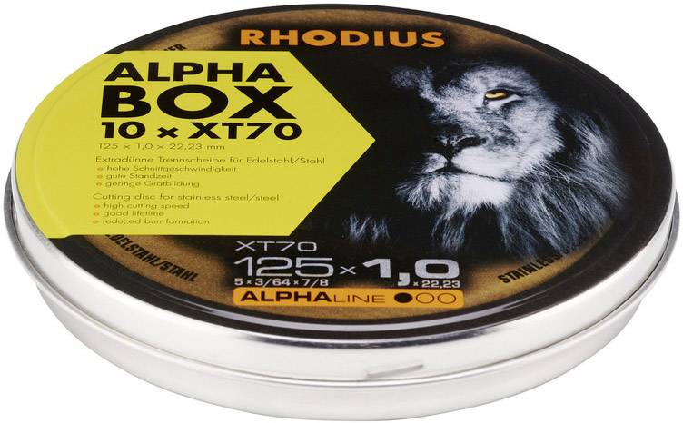 'RHODIUS ALPHA BOX' Schleifscheibe in rundem Behälter mit Löwenmotiv. Geeignet für Edelstahl/Stahl, 125 mm Durchmesser, 1,0 mm Dicke.
