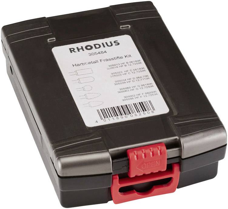 Schwarze Kunststoffbox mit rotem Verschluss, Aufschrift 'RHODIUS Hartmetall Frässtifte Kit', enthält Fräser verschiedener Formen.